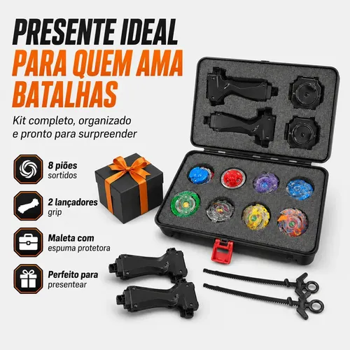 Kit 8 Piões De Batalha Beyblade Burst Com Maleta 2 Lançadores Grip