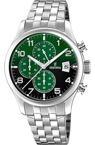 Reloj Festina Hombre F20374.7 Timeless Chrono Wr100m Color de la malla Plateado Color del bisel Plateado Color del fondo Verde