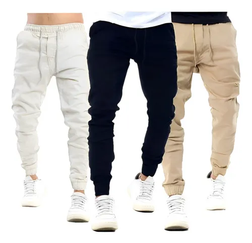 comprar Kit 3 Calça Jeans Sarja Masculina Jogger Punho Rasgada Slim
