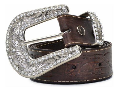 Cinto Feminino Country Couro Fivela Cravejado Moderno Cor Marrom/prata Tamanho G1