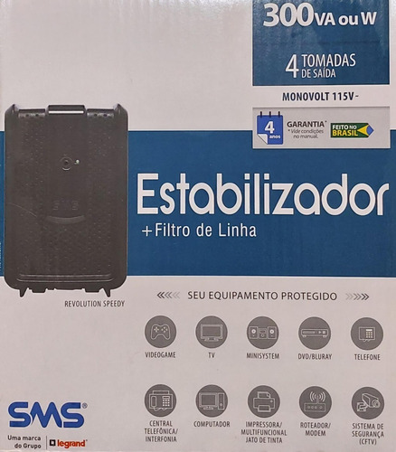 Estabilizador Sms 300va - Monovolt 115v - 4 Tomadas Saída