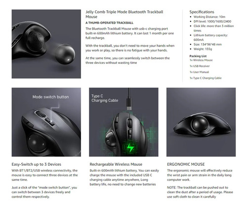 Mouse Trackball Recarregável Sem Fio Bluetooth E 2.4g Pc Mac
