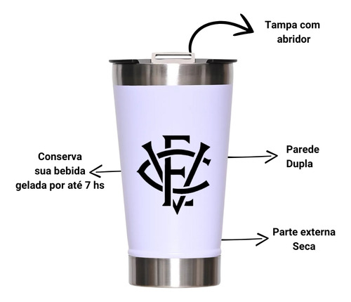 Copo Do Vitória Térmico Inox Com Tampa Abridor 473ml Branco Escudo Vitória