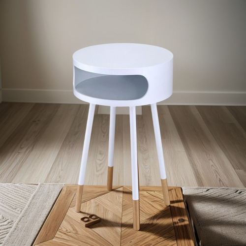 Mesa Auxiliar Redonda De Madera Con 1 Compartimento Blanco/n