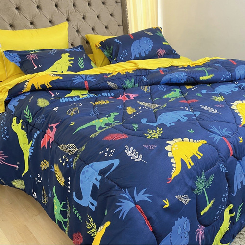 Imagen 2 de 4 de Plumón Sencillo Estampado Dinosaurios + Fundas