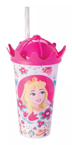 Caneca Com Canudo e Tampa Coroa Princesas 360 ml 13512 Plasutil em