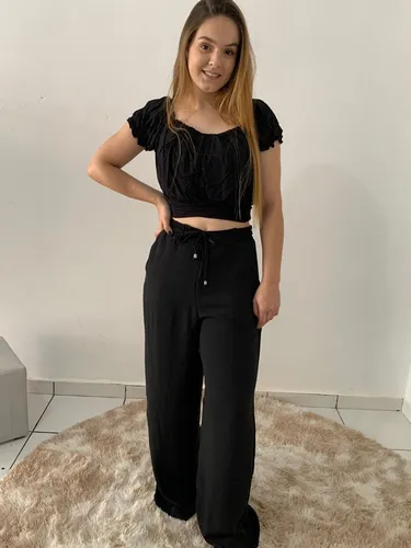 Conjunto Cal a Pantalona E Blusa Cropped Feminina Moda Chick