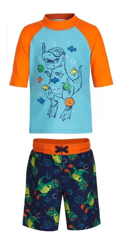 Traje De Baño Niño Short Y Playera Con Protección Solar, 2pz