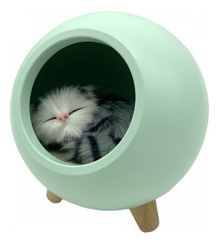 Luminária Abajur De Mesa Gatinho Little Pet House A Bateria Cúpula Verde-claro Estrutura Madeira 5v