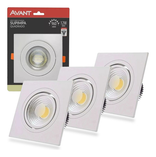 Kit 3 Spot Led Quadrado Embutir 12w Luz Branca Neutra 4000k