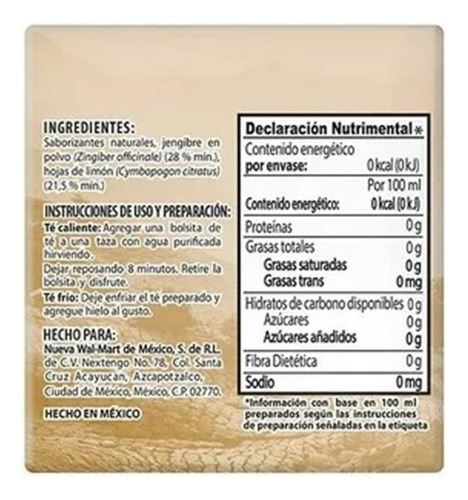 8 Pzas Té De Jengibre Y Limón Great Value 18 Sobres 1.5 G C