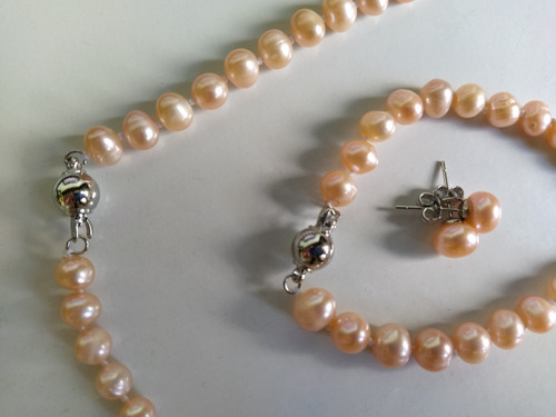 Conjunto Colar +pulseira + Brincos De Perolas Naturais Rosa
