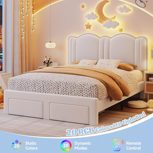 Base De Cama Enhomee C/cajones & Luces Led Matrimonial Crema
