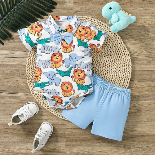 Conjunto Verano Para Bebé Con Moño Y Estampado De Animales Blanco 0-3 M