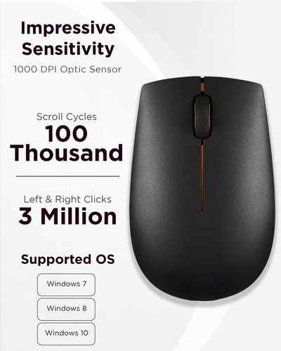 Mouse Inalámbrico Lenovo 300 Para Pc Portátil Con Windows 12