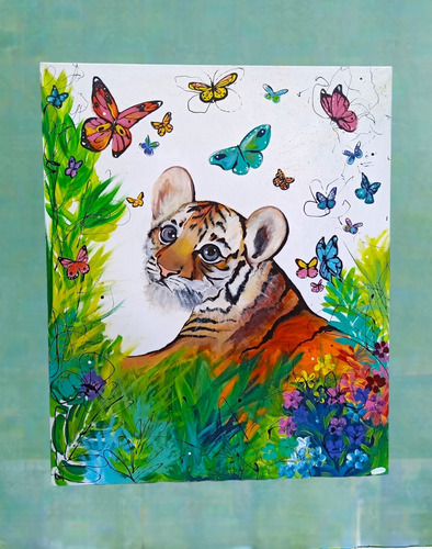 Cuadro Pintado A Mano Tigre Mariposas Naturaleza 