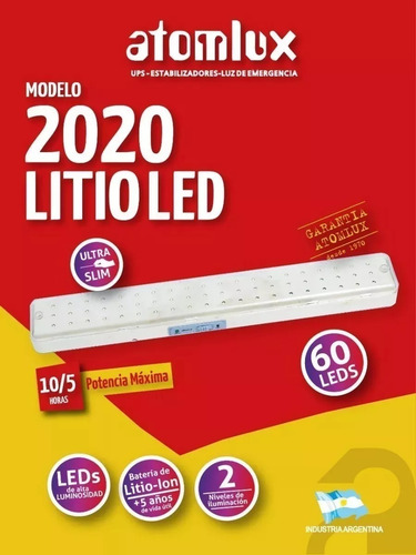 Imagen 6 de 9 de Luz De Emergencia Atomlux 2020 Slim Bateria Litio 60 Leds