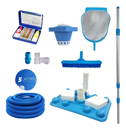 Kit Limpeza Piscina Com Kit Teste 5mts Mangueira Pooltec 