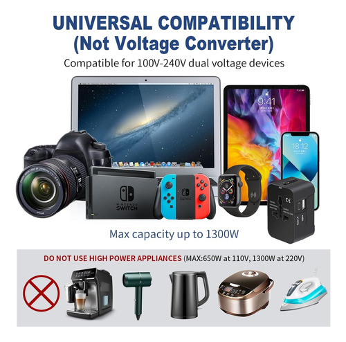 Adaptador De Enchufe Viajero Con Usb + Tipo C Conector Viaje