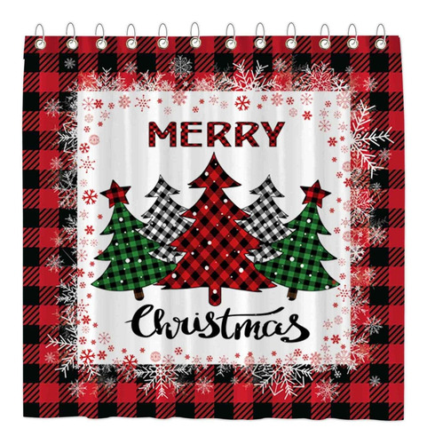 Red Alo Check Plaid Merry Christmas Trees Cortina De Du...