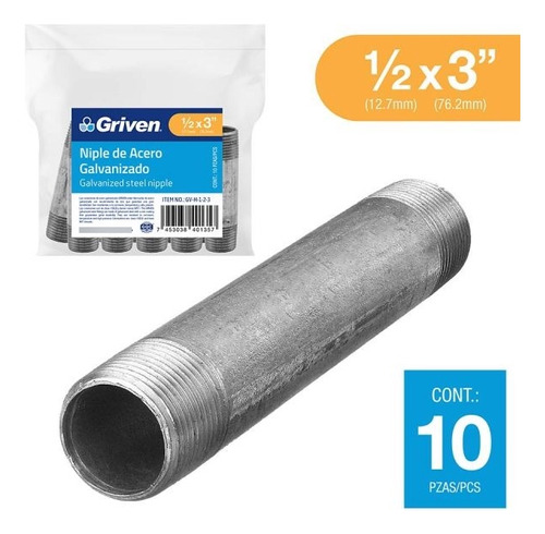 Niple Galvanizado 1/2 X 3 Pulgada Largo Griven (pack X 10)