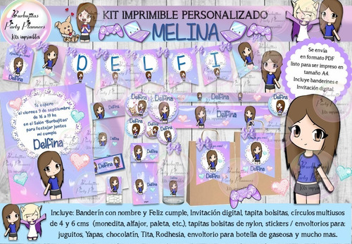 Kit Imprimible Candy Bar Melina Youtuber Personalizado