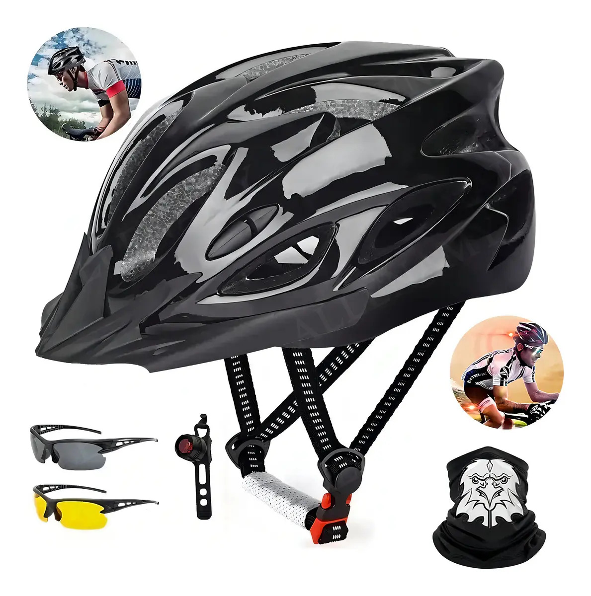 MT MT-B00336AHW Casco De Bicicleta Unisex con luz De Bicicleta gafas y mascara Color Negro Talla Única