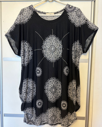 Vestido Otivi Midi M/c Negro Estamp Blanco C/brillos Tl (Usado)
