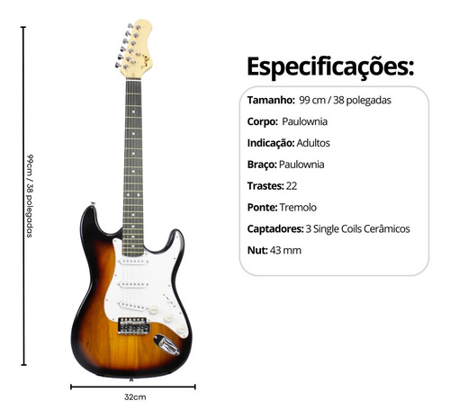 Kit Guitarra Stratocaster Iniciante Estudante Acessórios Cor Sunburst Orientação Da Mão Destro Bravo Beg100