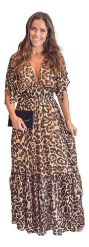 Maxi Vestido Largo Leopardo Estampado Animal Print Mang Larg