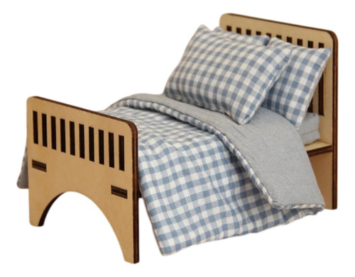Cama De Madera En Miniatura Para Casa De Muñecas A Tartán