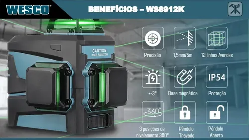 Nível Laser Verde Bateria Ws8912k 12 Linhas Wesco Com Tripé