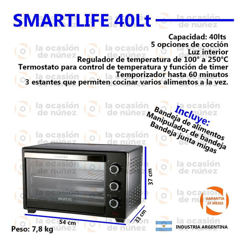 Imagen 2 de 7 de Horno Electrico De Mesa Smartlife 40 Lts Conveccion