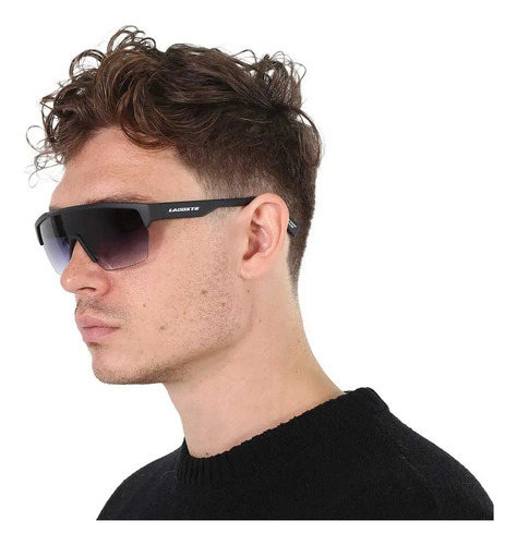 Lentes Sol Lacoste L989s Iconic Geometric Shield Retro 62mm Lente Azul Oscuro Varilla Negro Armazón Matte Black/white/blue 002