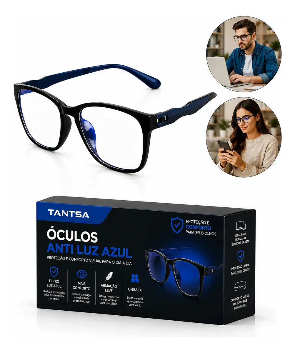 Óculos Anti Luz Azul Tantsa com Filtro para Computador e Celular, Armação Leve em Plástico