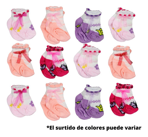 Waa Calceta Tin Para Bebes Estampados Con Moño Colores 12pzs
