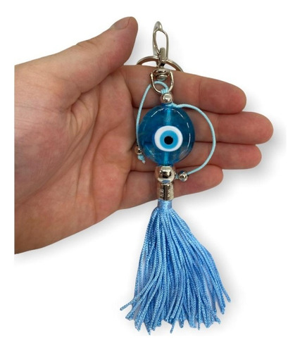 Chaveiro Olho Grego Azul Claro Pompom 18 Cm Em Murano