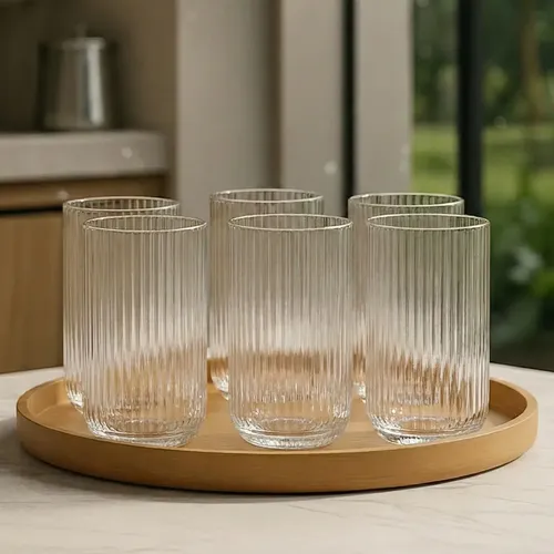 Jogo 6 Copos De Vidro Canelado Cameratta Versalhes Graffiato Transparente 450ml Luxo Conjunto Elegante Agua Sucos Drinks Chá Café Mesa Posta Natal