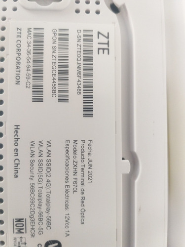 Modem Router Zte Zxhn F670l Totalplay Fibra Óptica. (Usado)