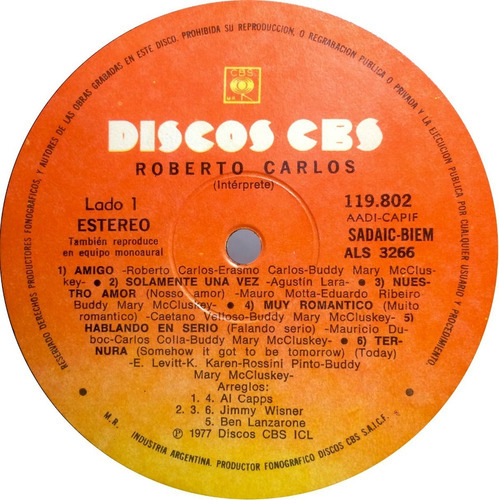 Vinilo Roberto Carlos En Castellano Lp Arg 1977 Sin Tapa