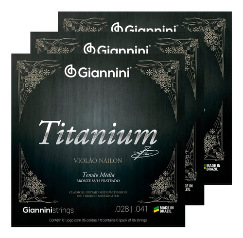 Kit 3 Encordoamento Giannini Titanium Violão 85/15  Prateado