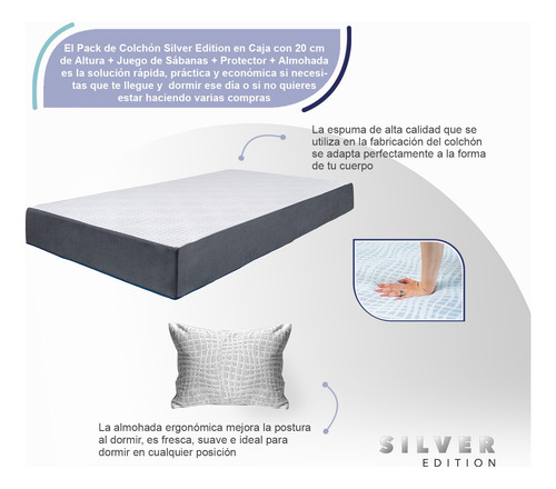 Colchón Individual 20 Cm + Sábanas, Protector Y Almohada Blanco Con Gris