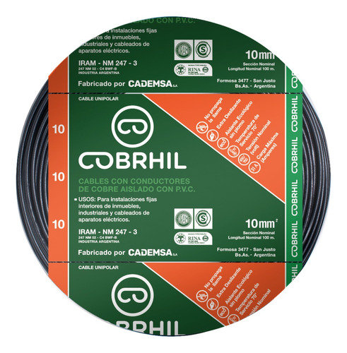 Cable Unipolar Normalizado Cobrhil 1x10mm² Rollo 50 Mts Cubierta Negro