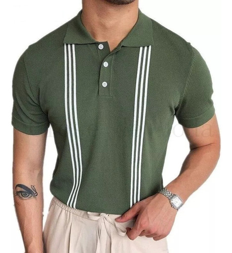 Playera Punto Slim Fit Manga Corta Rayas Verde H