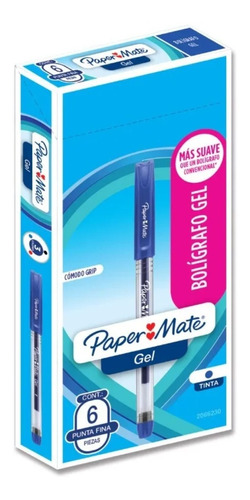 Caja X 6 Boligrafos Paper Mate Gel Punta Fina Con Grip Azul