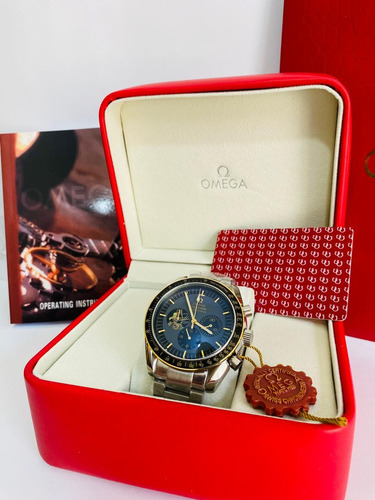 Bonito Reloj Pulsera Omega Apolo + Full Set Plata Plata Negro Azul