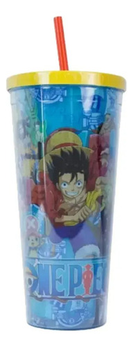 Vaso Con Popote De Acrílico One Piece Luffy Mugiwaras Anime Color Azul