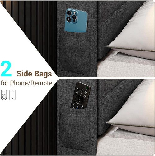 Base De Cama Matrimonial C/ Cabecera Con Luz Led & Usb Grey