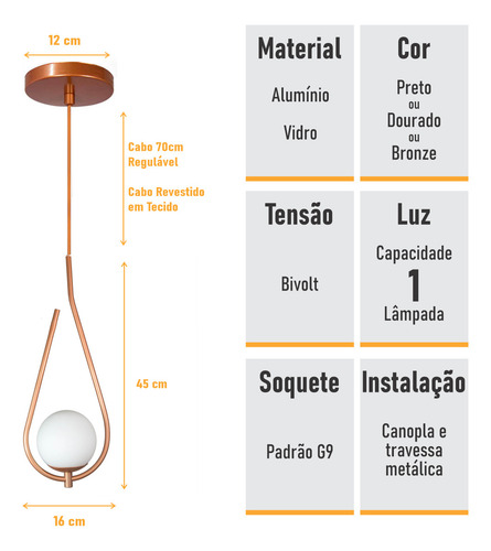 Lustre Pendente On Drop - Bronze Com Globo De Vidro Branco