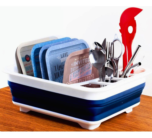 Escorredor Louças Prato Talheres Silicone Retrátil Dobrável Cor Azul